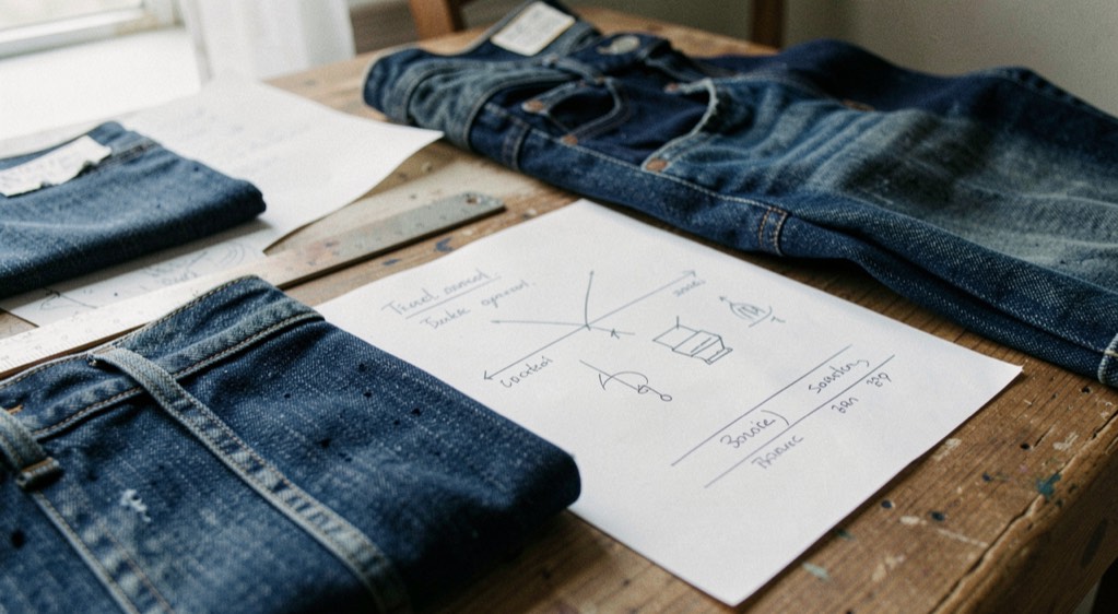 A detailed editorial still life of indigo dyeing basics for denim with denim, paper and measuring marks