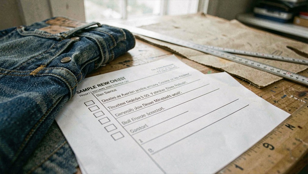 A detailed editorial still life of denim sample review checklist with denim, paper and measuring marks