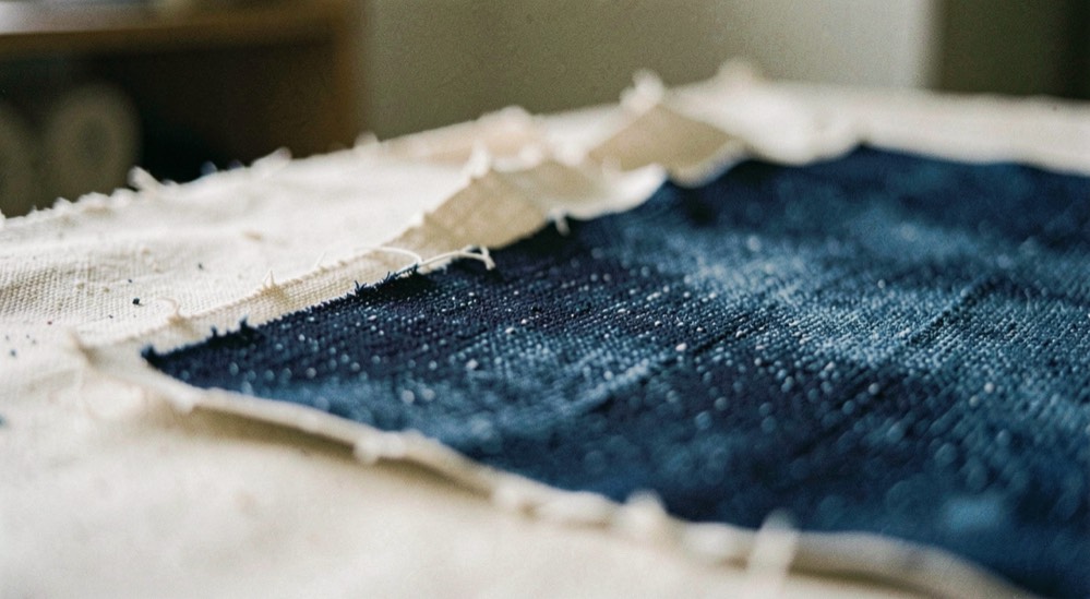 A quiet macro scene of dyeing & finishing material with indigo texture and an unbleached edge
