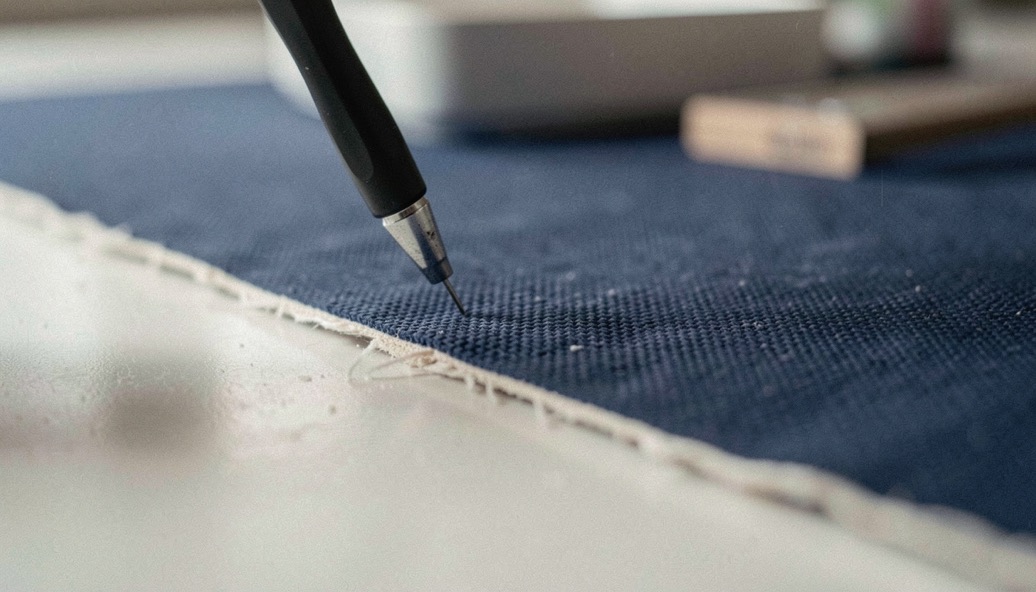 A quiet macro scene of testing & quality material with indigo texture and an unbleached edge