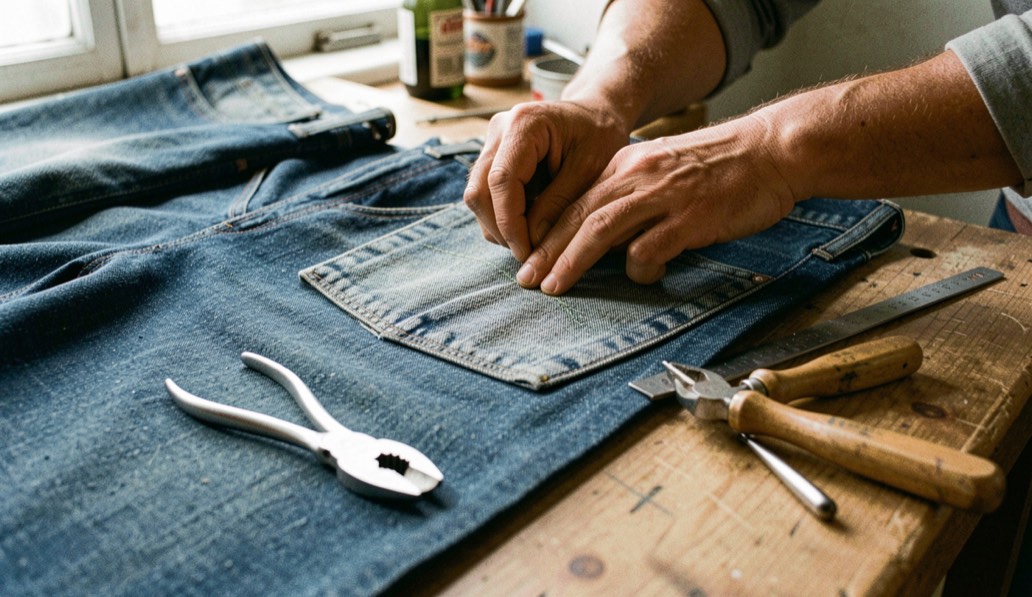 A tactile scene showing four-point fabric inspection explained through denim material, tools and a quiet work surface