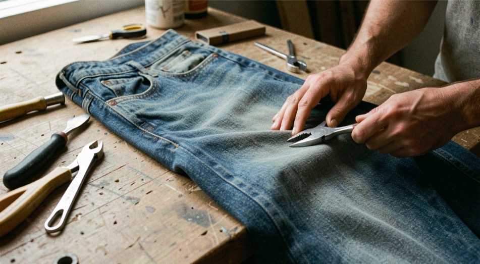 A tactile scene showing stretch denim and recovery explained through denim material, tools and a quiet work surface