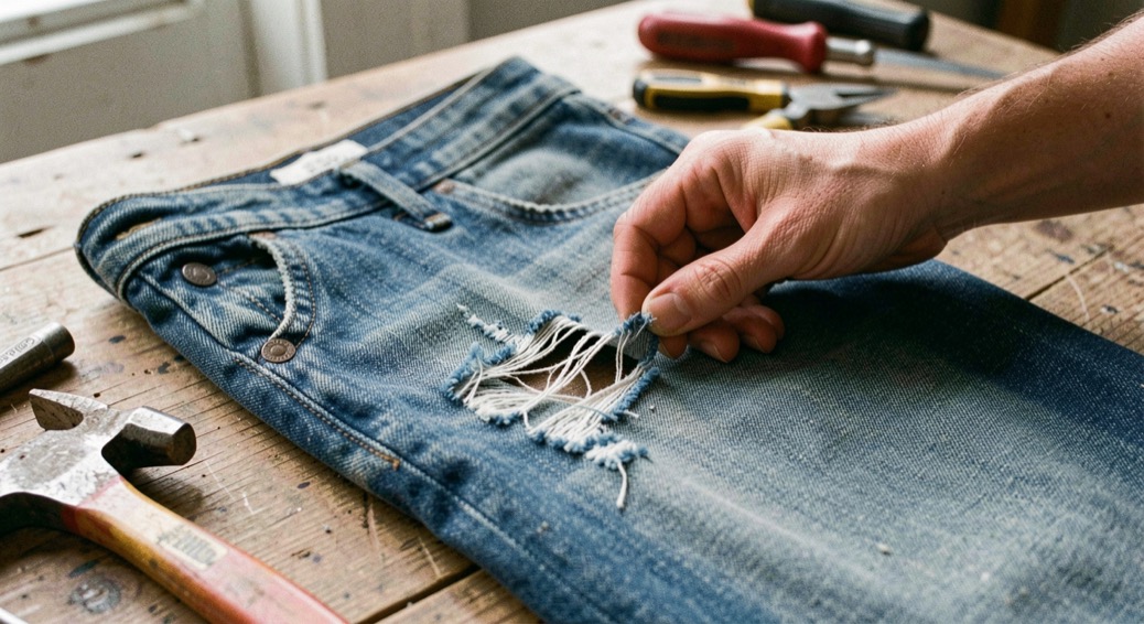 A tactile scene showing right-hand, left-hand and broken twill through denim material, tools and a quiet work surface