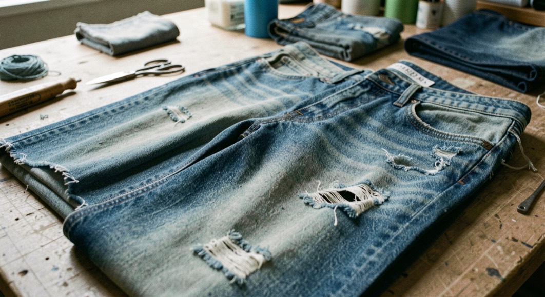 A tactile scene showing raw, rinse, stonewash and enzyme denim through denim material, tools and a quiet work surface