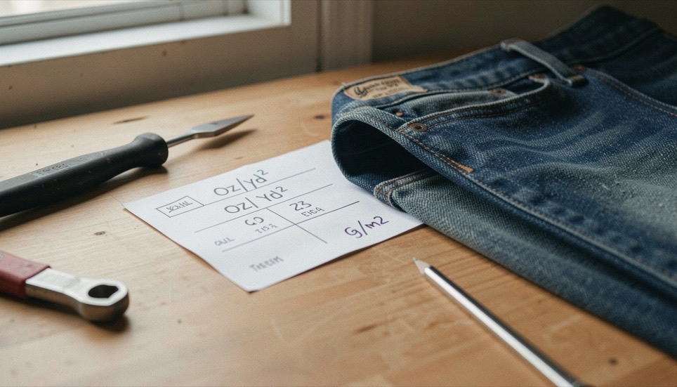 A tactile scene showing denim weight guide: oz/yd² and g/m² through denim material, tools and a quiet work surface